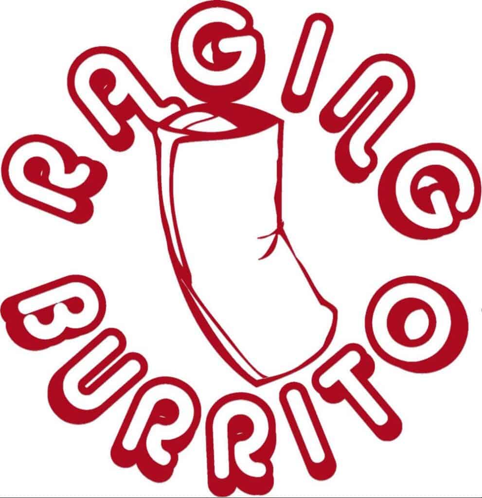 Red outlined text spelling "Raging Burrito" surrounds a simple drawing of a burrito on a white background.