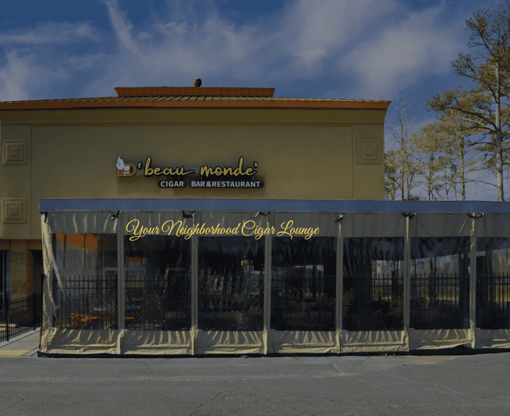 A cigar bar and restaurant called Beau Monde with a sign reading "Your Neighborhood Cigar Lounge" on its covered outdoor patio.