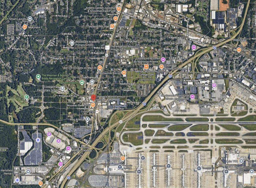 Aerial satellite view of Hartsfield-Jackson Atlanta International Airport, highways, and surrounding neighborhoods with various labeled businesses and landmarks.